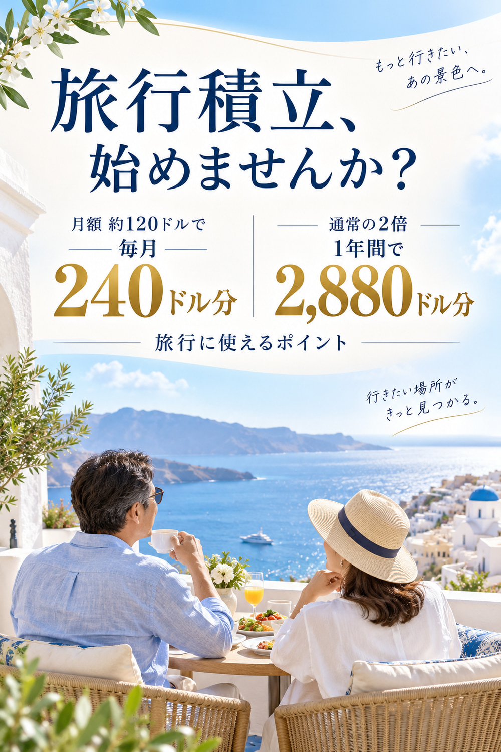 旅行積立を始めませんか。月額約120ドルで付与される旅行ポイントが、対象旅行では最大240ドル相当、1年間で最大2,880ドル相当