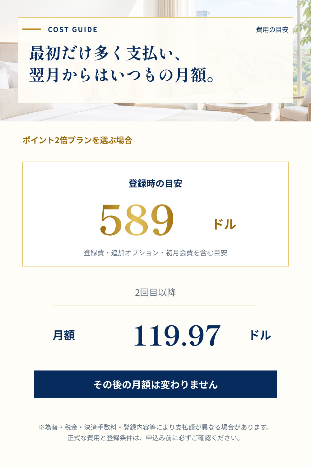 ポイント2倍プランは登録時の目安589ドル、2回目以降は月額119.97ドル