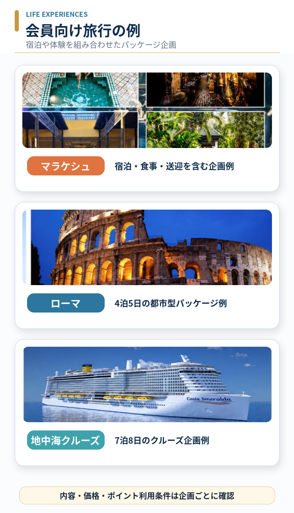 マラケシュ・ローマ・地中海クルーズの会員向け旅行企画例