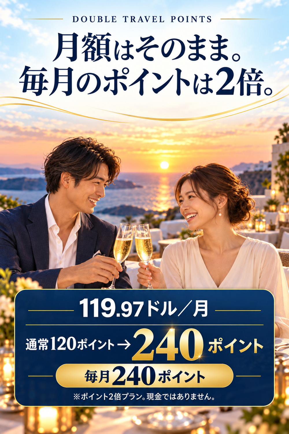 月額119.97ドルのポイント2倍プランで、通常120ポイントのところ毎月240ポイントが付与される仕組み