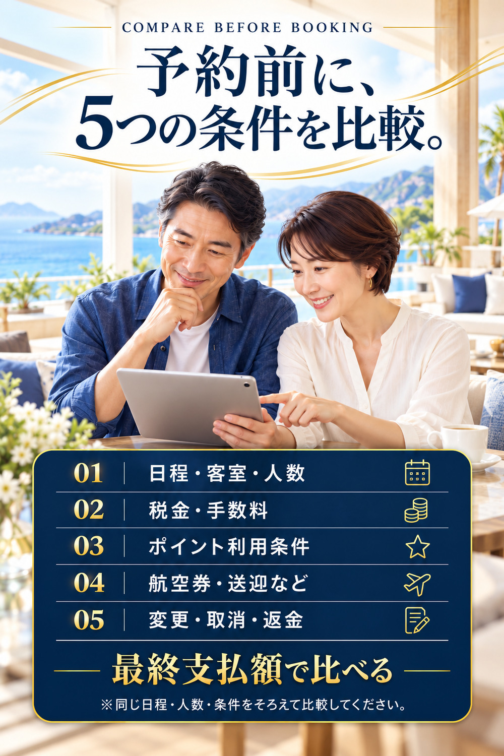 旅行予約前に日程・客室・人数、税金・手数料、ポイント条件、航空券・送迎、変更・取消・返金を比較するチェックリスト