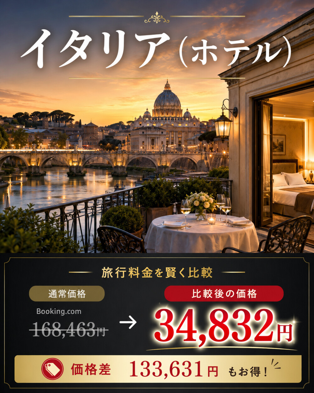 イタリアのホテル料金比較例。通常価格168,463円、比較後の価格34,832円、価格差133,631円