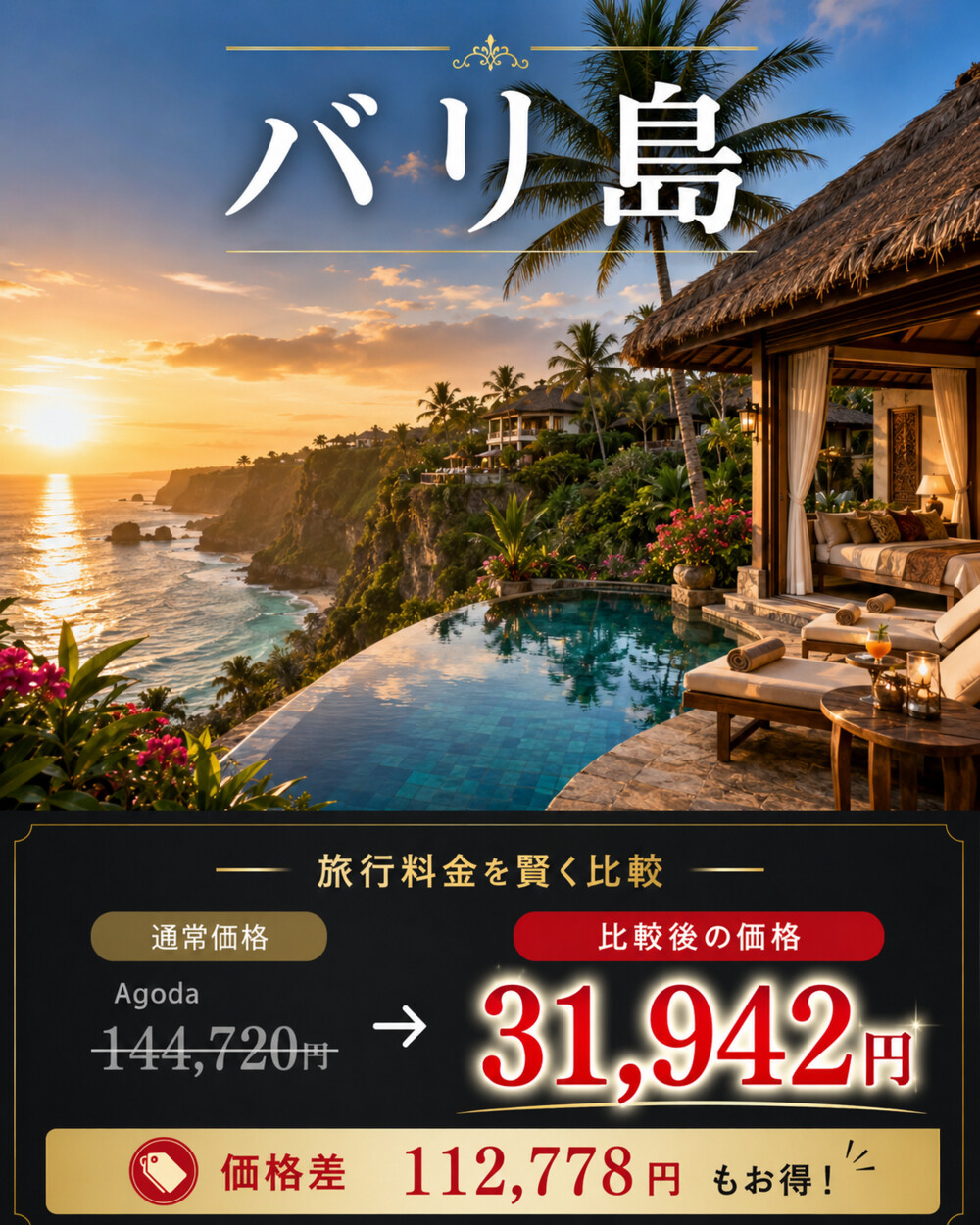 バリ島のホテル料金比較例。通常価格144,720円、比較後の価格31,942円、価格差112,778円